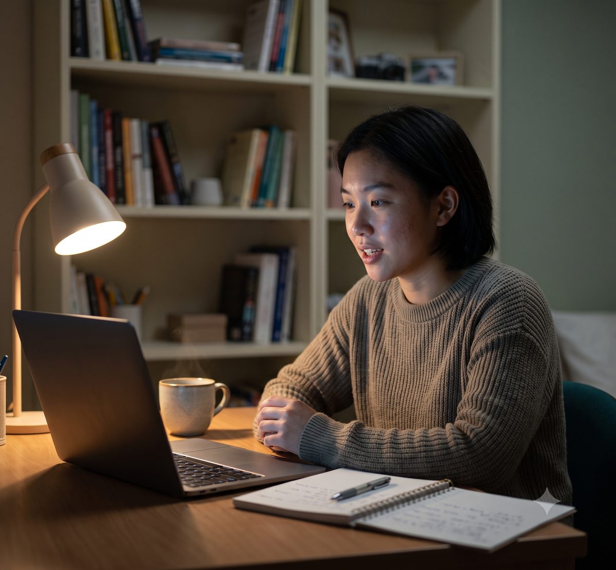 A student practising an interview on their laptop late at night