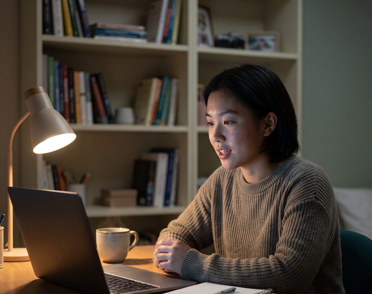 A student practising an interview on their laptop late at night