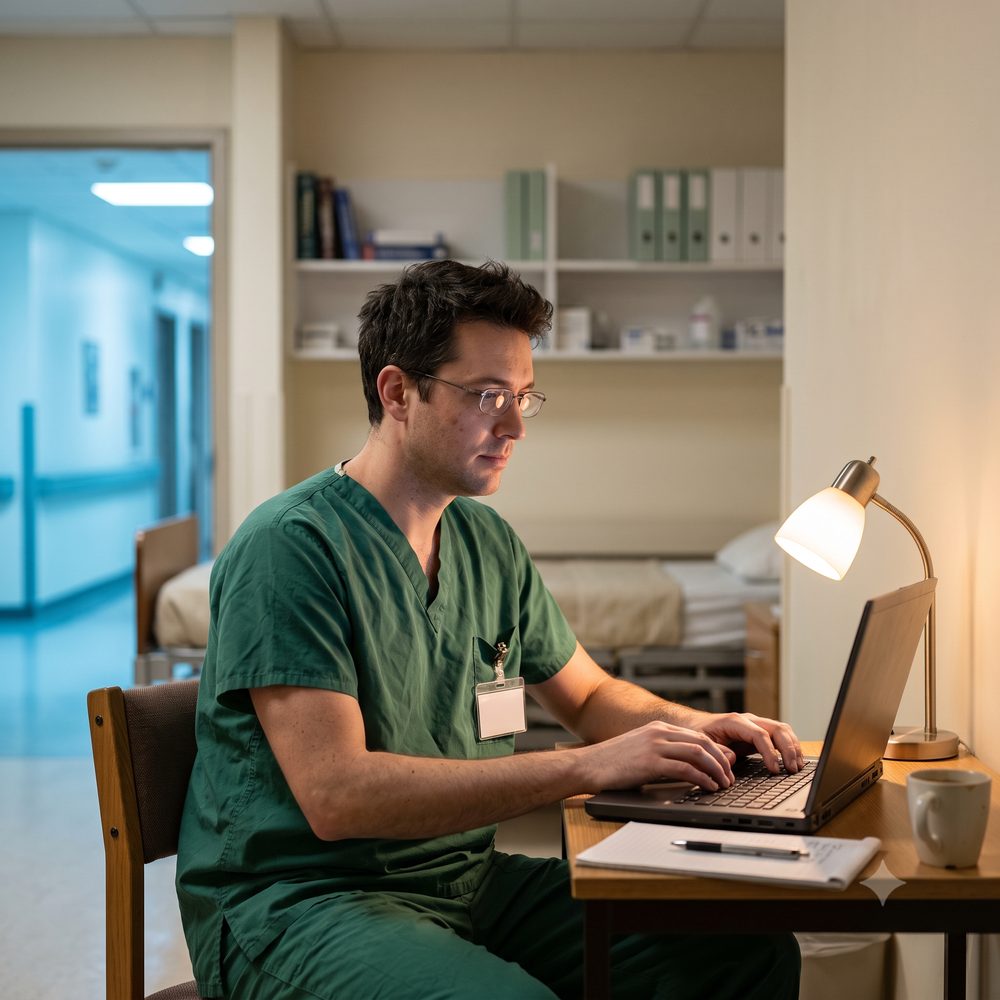 A resident in scrubs practising at a desk in an on-call room at night
