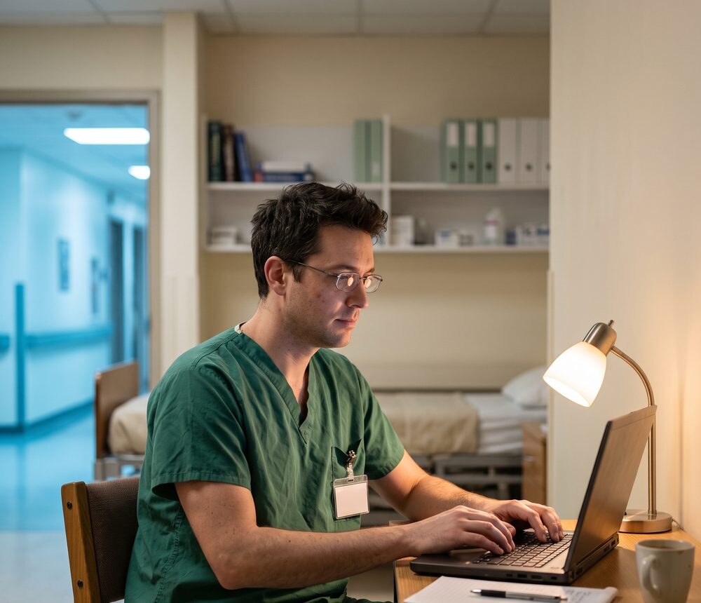 A resident in scrubs practising at a desk in an on-call room at night